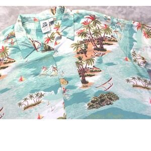 Kennington Men's XL Aloha Hawaiian Shirt Tropical Beach Scene Surfing Boats